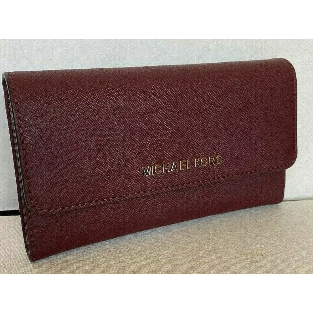 New Michael Kors Jet Set Travel Large Trifold Wallet Leather Merlot - Picture 2 of 5